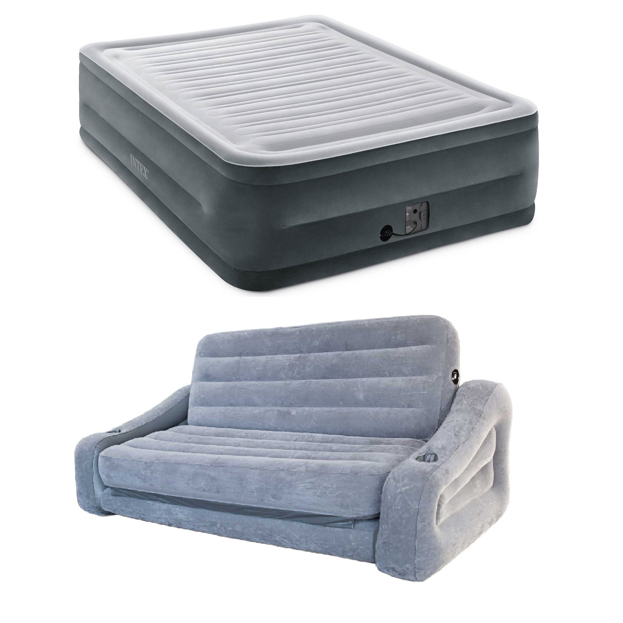 Intex Plush Dura Beam Air Bed w/ Pump, Queen & Intex Inflatable Futon, Gray