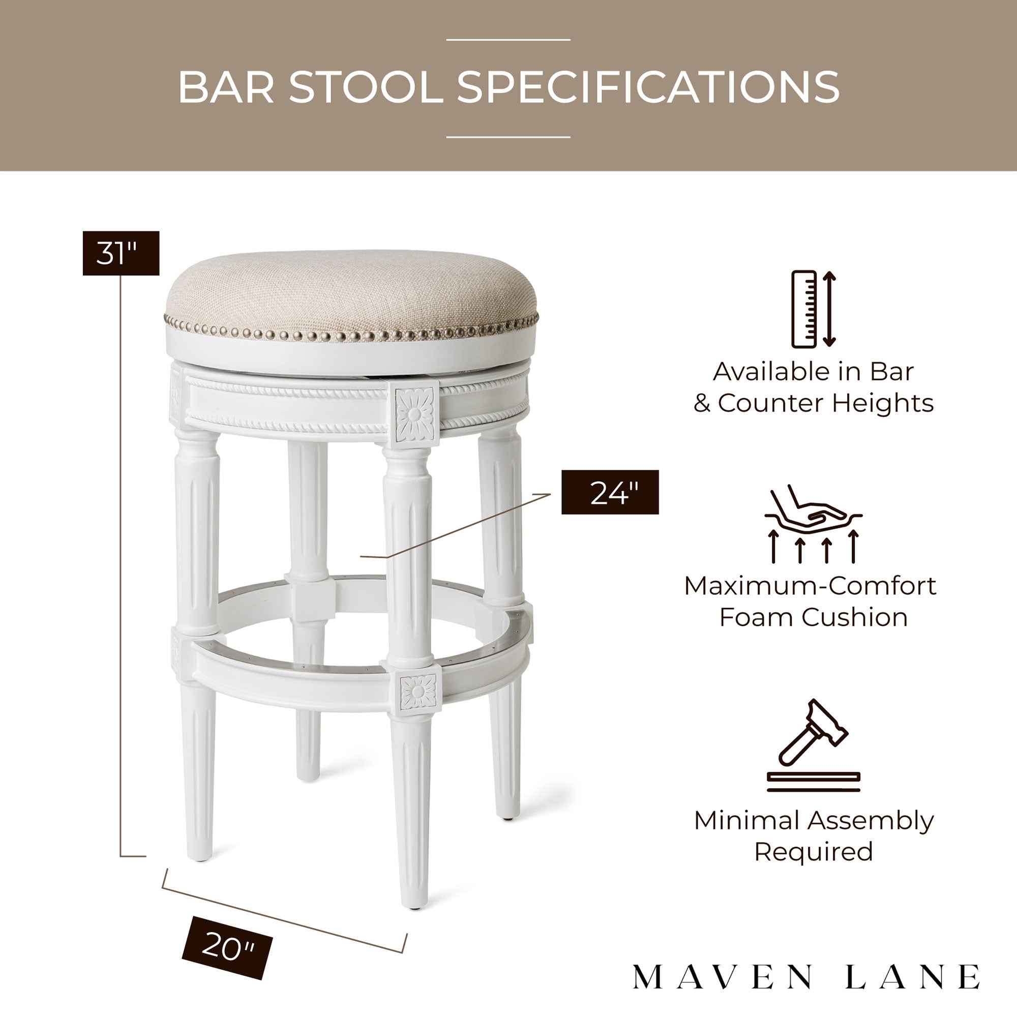 Maven Lane Pullman Swivel Stool, Alabaster White, Bar Height (Open Box) (2 Pack) - VMInnovations