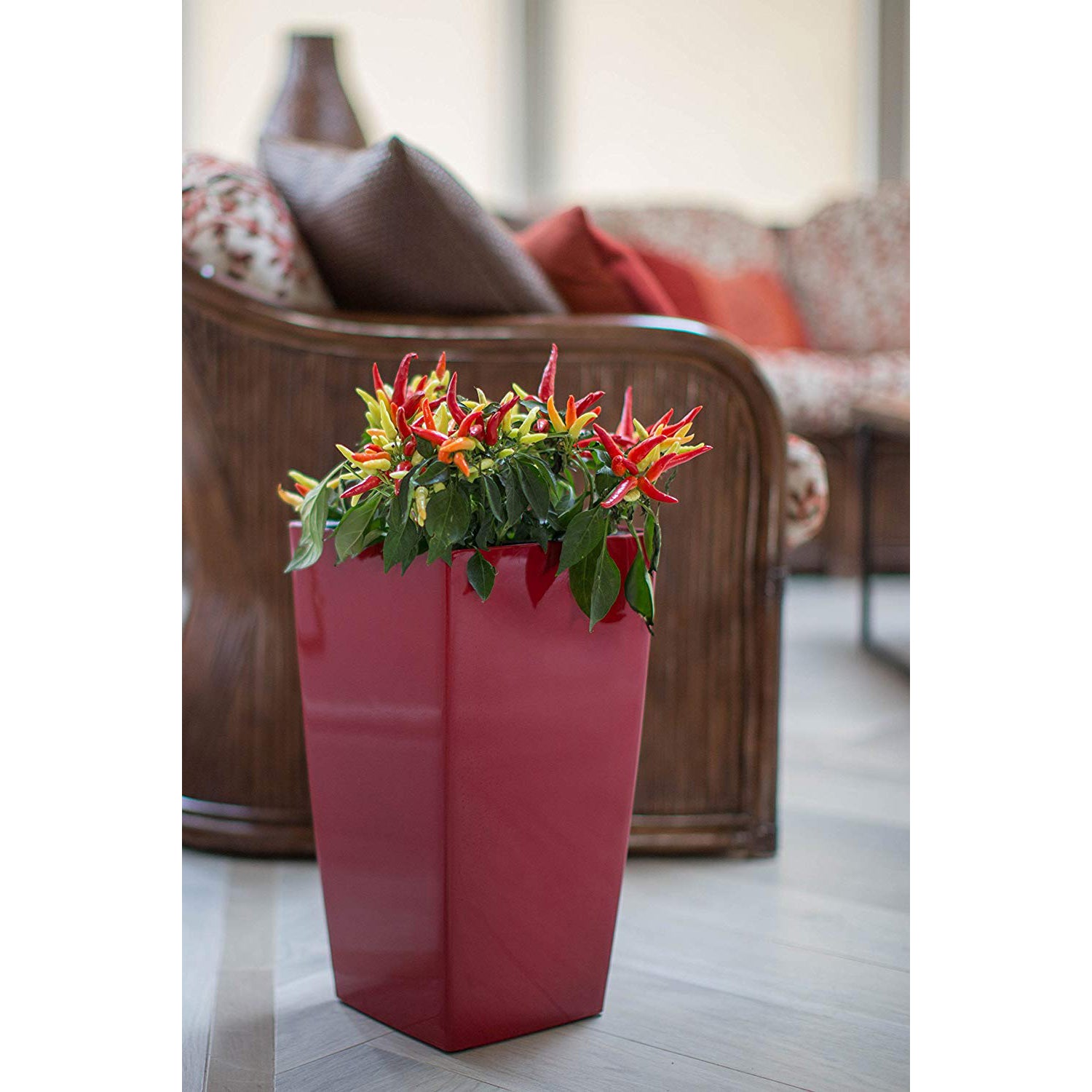 Algreen Modena 22" Inside/Outside Self-Watering Square Planter Pot w/Wheels, Red - VMInnovations