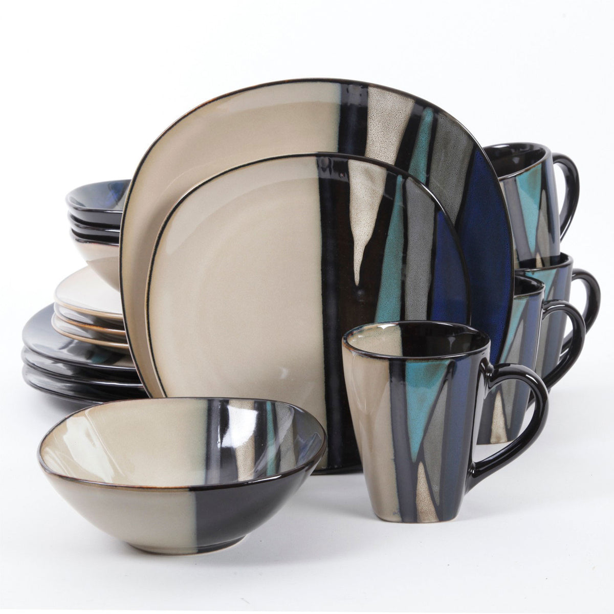 Gibson Elite 16 Piece Glaze Dinnerware Plates, Bowls, and Mugs, Teal (Used) - VMInnovations