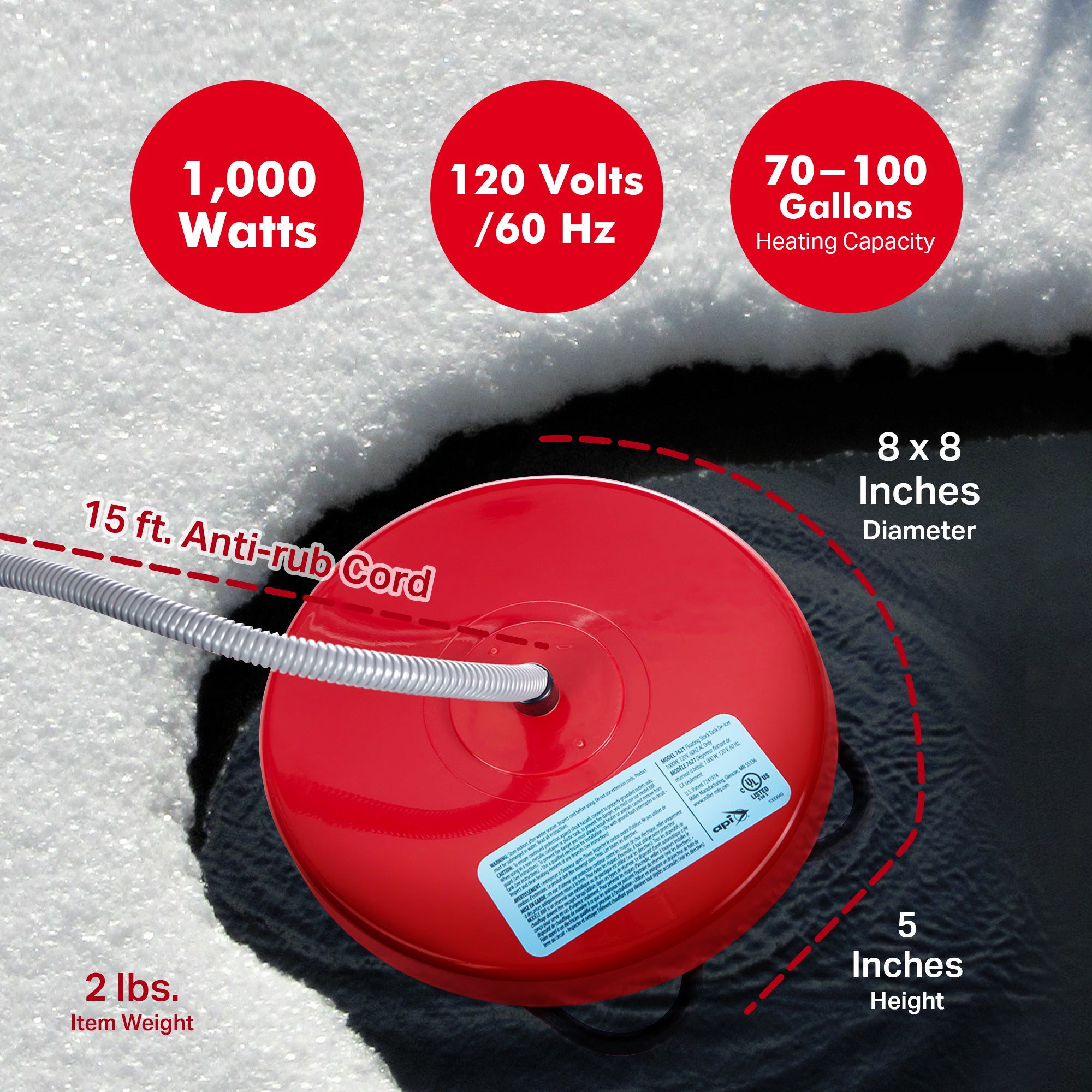 API 1000 Watt Thermostatic Floating Stock Tank Deicer & Heater, Red (Open Box) - VMInnovations