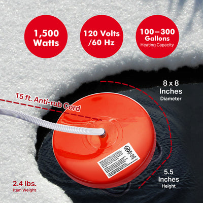 API 1500 Watt Thermostatic Winter Floating Pond Water Deicer and Heater, Red - VMInnovations
