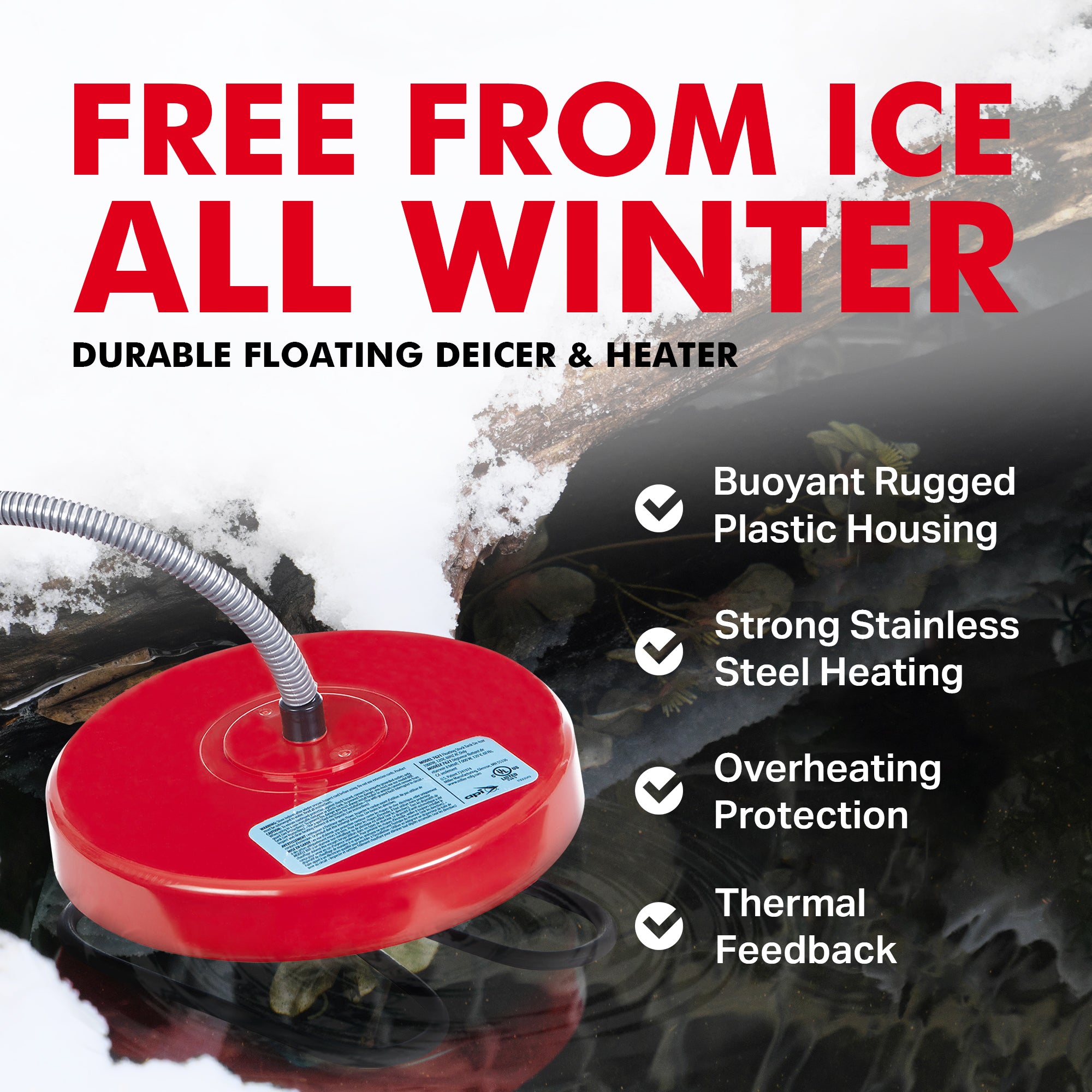 API 1000 Watt Thermostatic Winter Floating Stock Tank Deicer and Heater, Red - VMInnovations