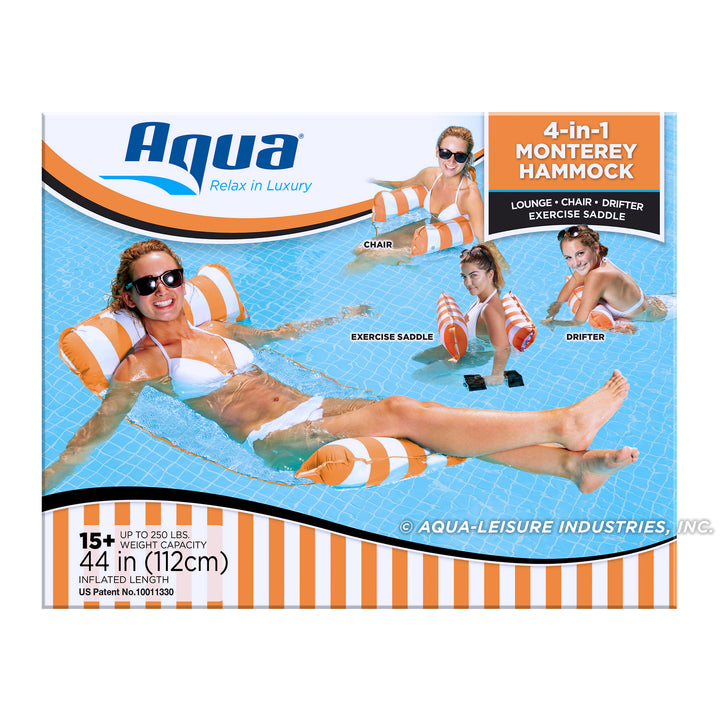 AquaLeisure 4-in-1 Hammock Swimming Pool Float, Orange/White Stripe (Used)