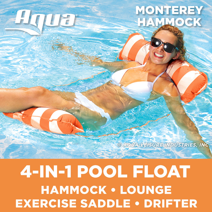 AquaLeisure 4-in-1 Hammock Swimming Pool Float, Orange/White Stripe (Used)