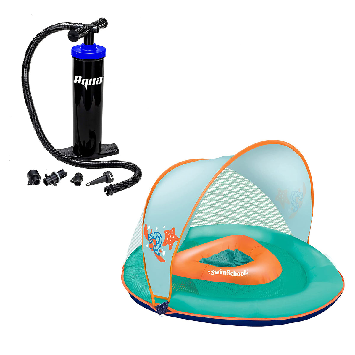 SwimSchool Baby Boat Safety Seat Shade Canopy Float in Orange with Hand Pump