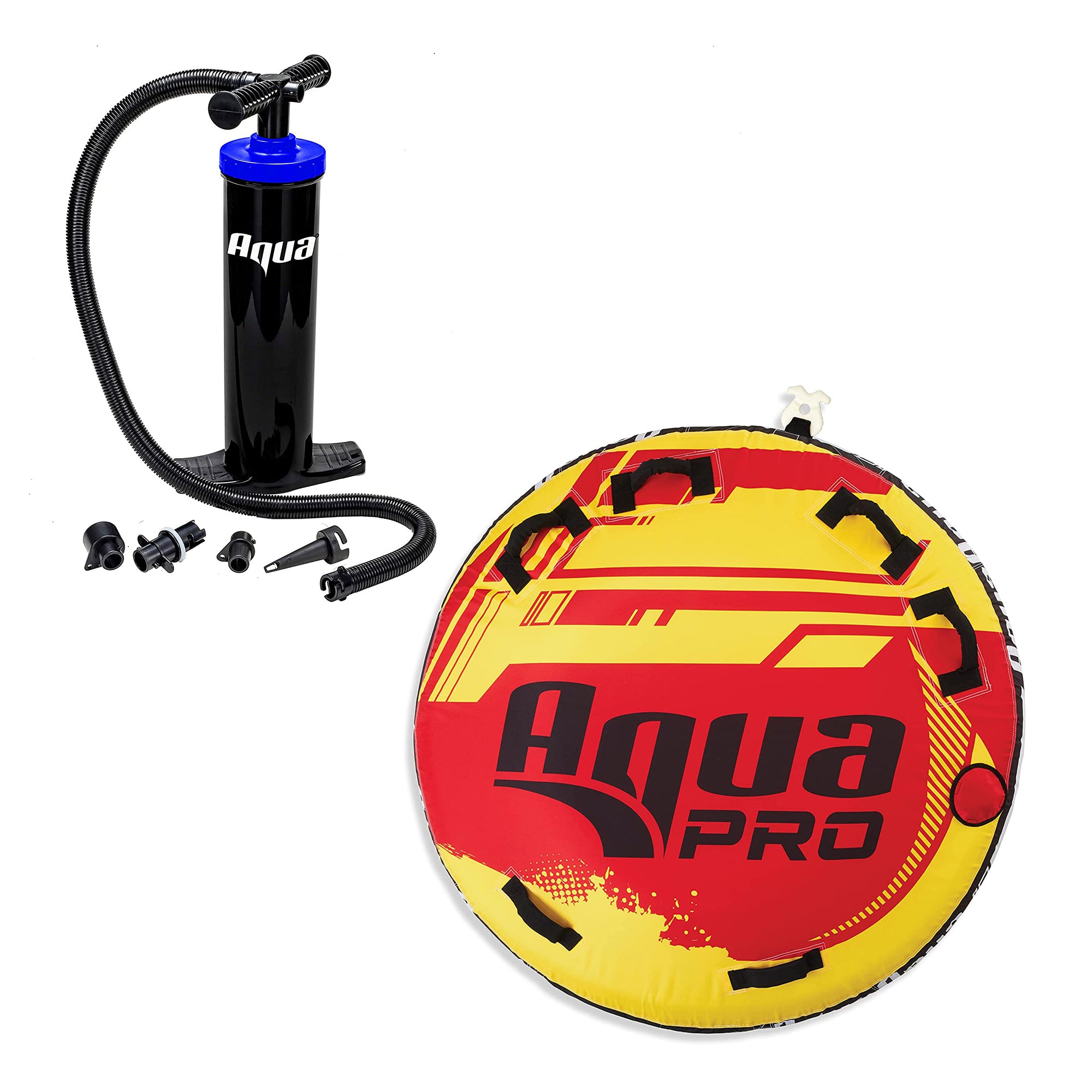 AquaPro 60 In Nylon Deck Style Towable 1 Person Rider, Yellow/Red with Hand Pump