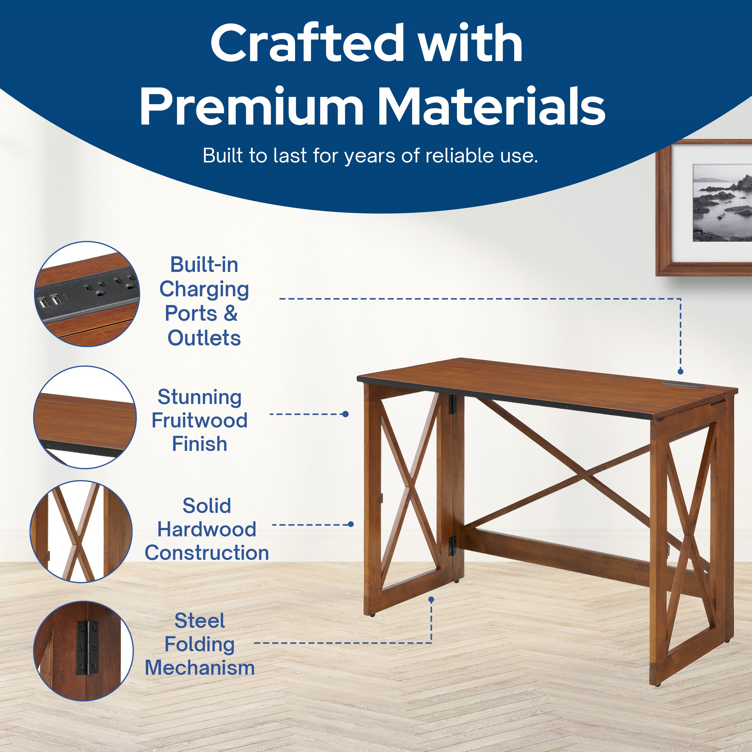 MECO Stakmore Stylish Versatile Folding Desk with Built In Outlets, (Open Box) - VMInnovations