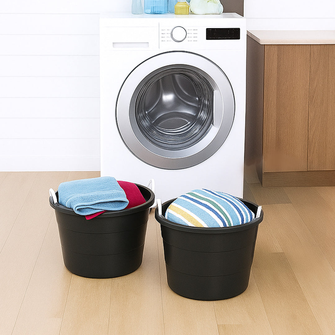 Homz 17 Gal Plastic Open Storage Round Utility Tub with Handles, Black (2 Pack)
