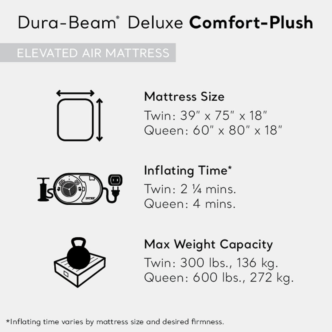 Intex Dura Beam Deluxe Pillow Raised Air Mattress Bed Built In Pump, Q(Open Box)