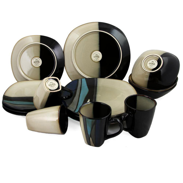 Gibson Elite 16 Piece Reactive Glaze Dinnerware Plates, Bowls, and Mugs, Teal