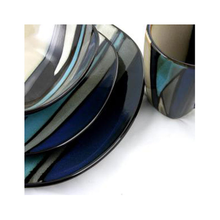 Gibson Elite 16 Piece Reactive Glaze Dinnerware Plates, Bowls, and Mugs, Teal