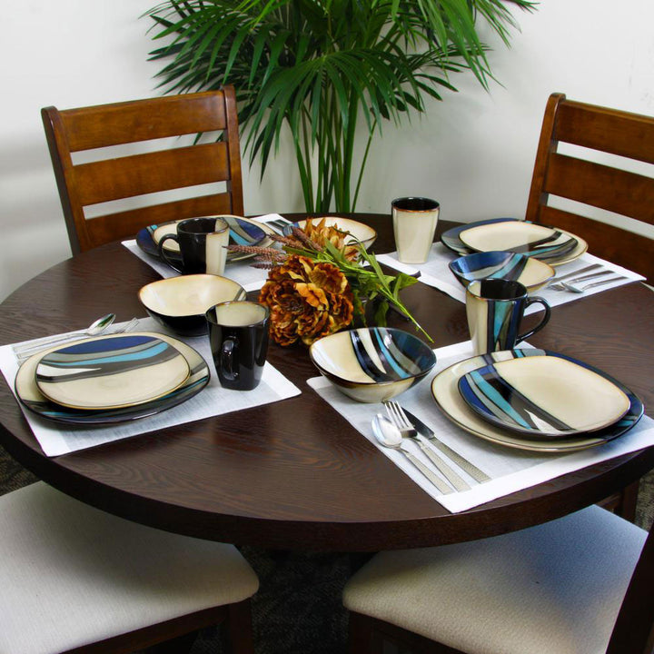 Gibson Elite 16 Piece Reactive Glaze Dinnerware Plates, Bowls, and Mugs, Teal