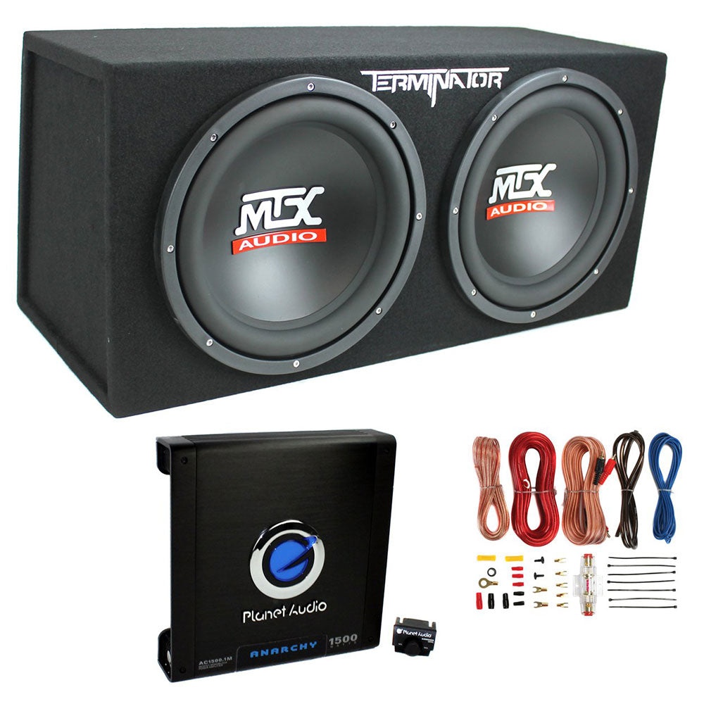 MTX TNE212D 12" 1200W Dual Loaded Car Subwoofers Box & Planet 1500W Amp with Kit