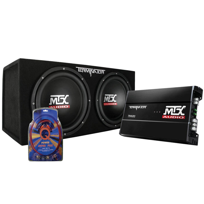 MTX 12" Dual Loaded Car Subwoofer w/ Sub Box, Amplifier, & QPower Wiring Amp Kit