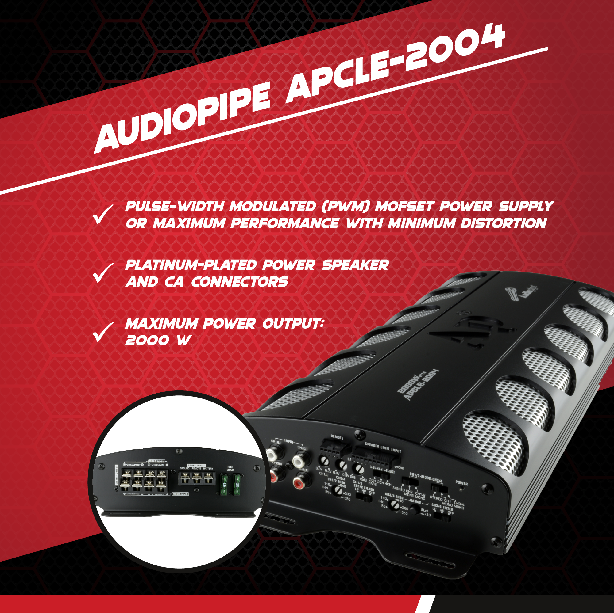 AudioPipe Class AB 2000 Watt 4 Channel MOSFET Car Stereo Amplifier (For Parts)
