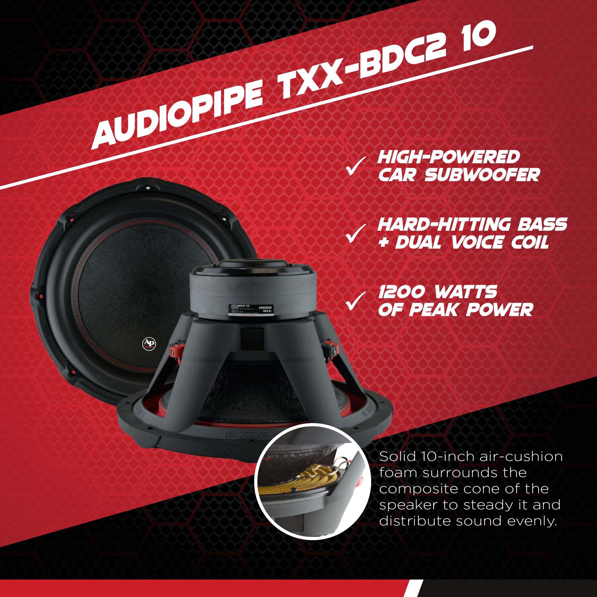 AudioPipe TXX-BD2-10 1200W 10" 4 Ohm DVC Car Audio Subwoofer, Black (4 Pack)