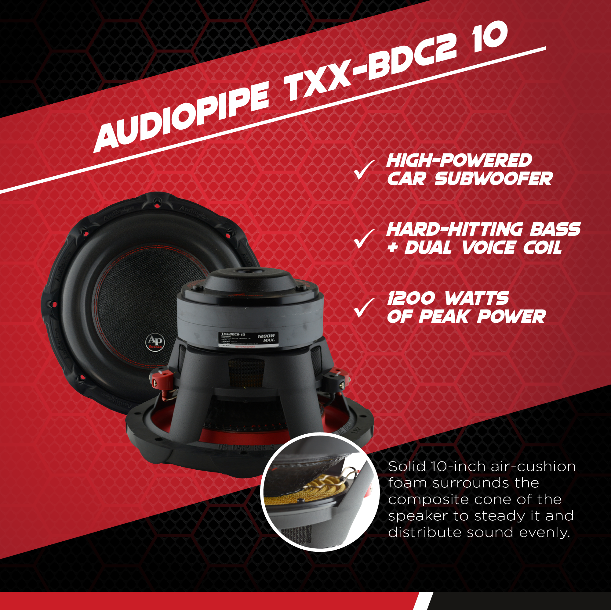 AudioPipe TXX-BDC2-10 High Power 1200W 10" 4 Ohm DVC Car Audio Subwoofer, Black
