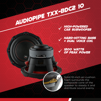 AudioPipe TXX-BDC2-10 High Power 1200W 10" 4 Ohm DVC Car Audio Subwoofer, Black