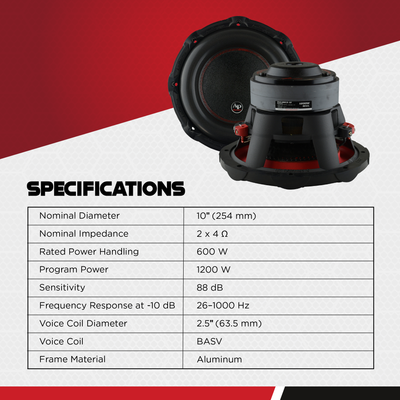 AudioPipe TXX-BDC2-10 High Power 1200W 10" 4 Ohm DVC Car Audio Subwoofer, Black