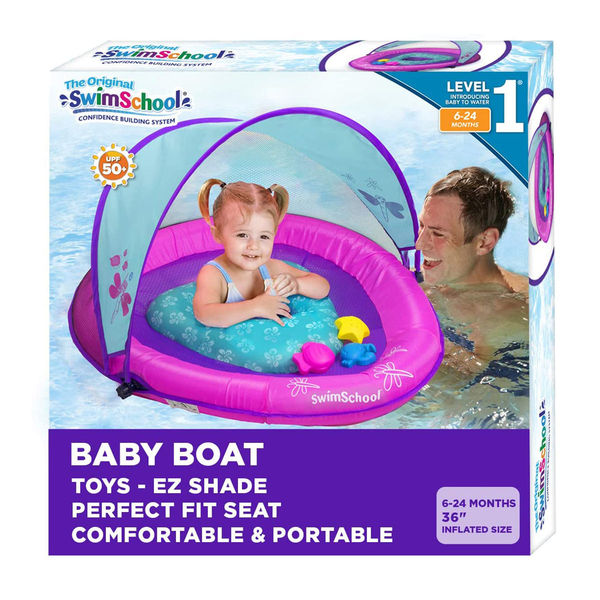 SwimSchool Baby Boat Float with Seat & Sun Shade Canopy, Berry/Pink (Open Box)