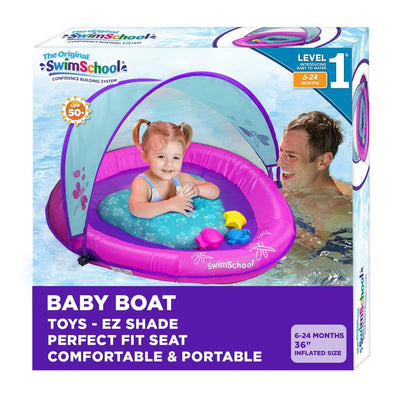SwimSchool Baby Boat Float with Seat & Sun Shade Canopy, Berry/Pink (Open Box)