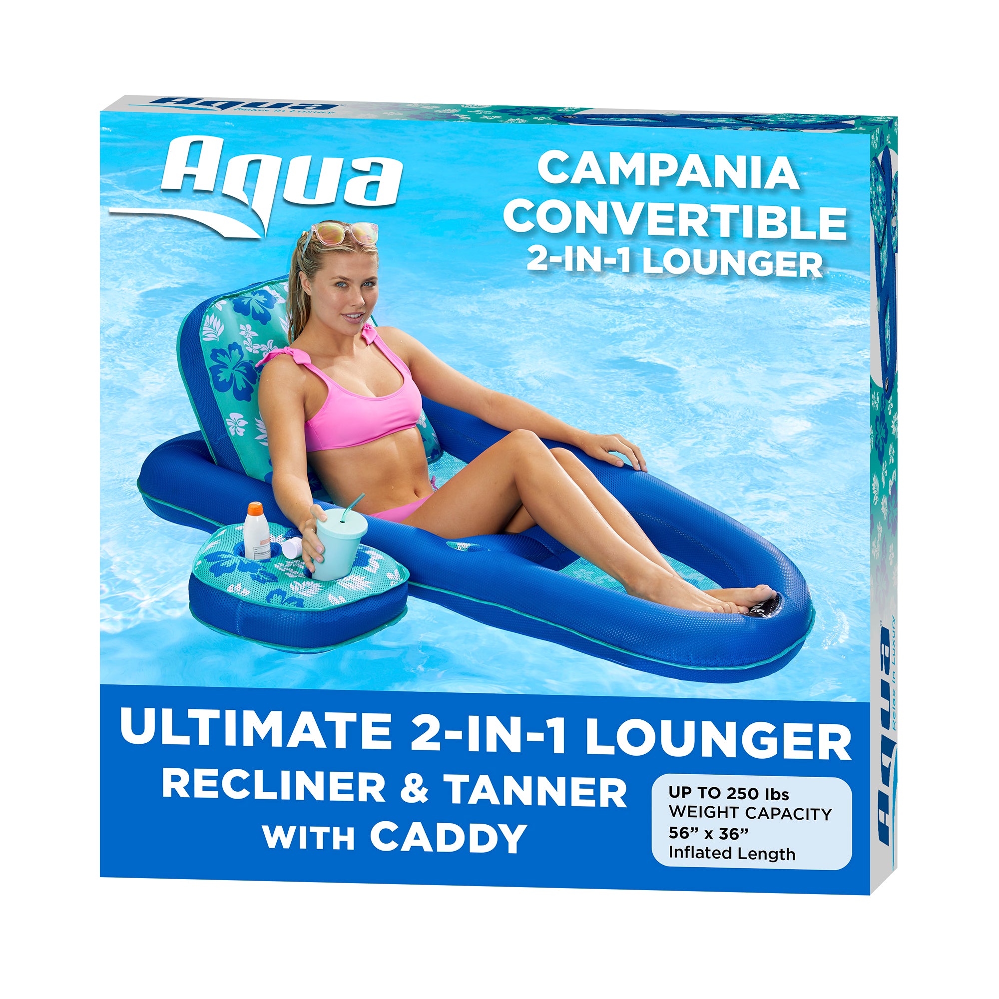 Aqua Leisure Campania 2 in 1 Pool Float Lounger w/ Caddy, Teal Hibiscus (4 Pack)