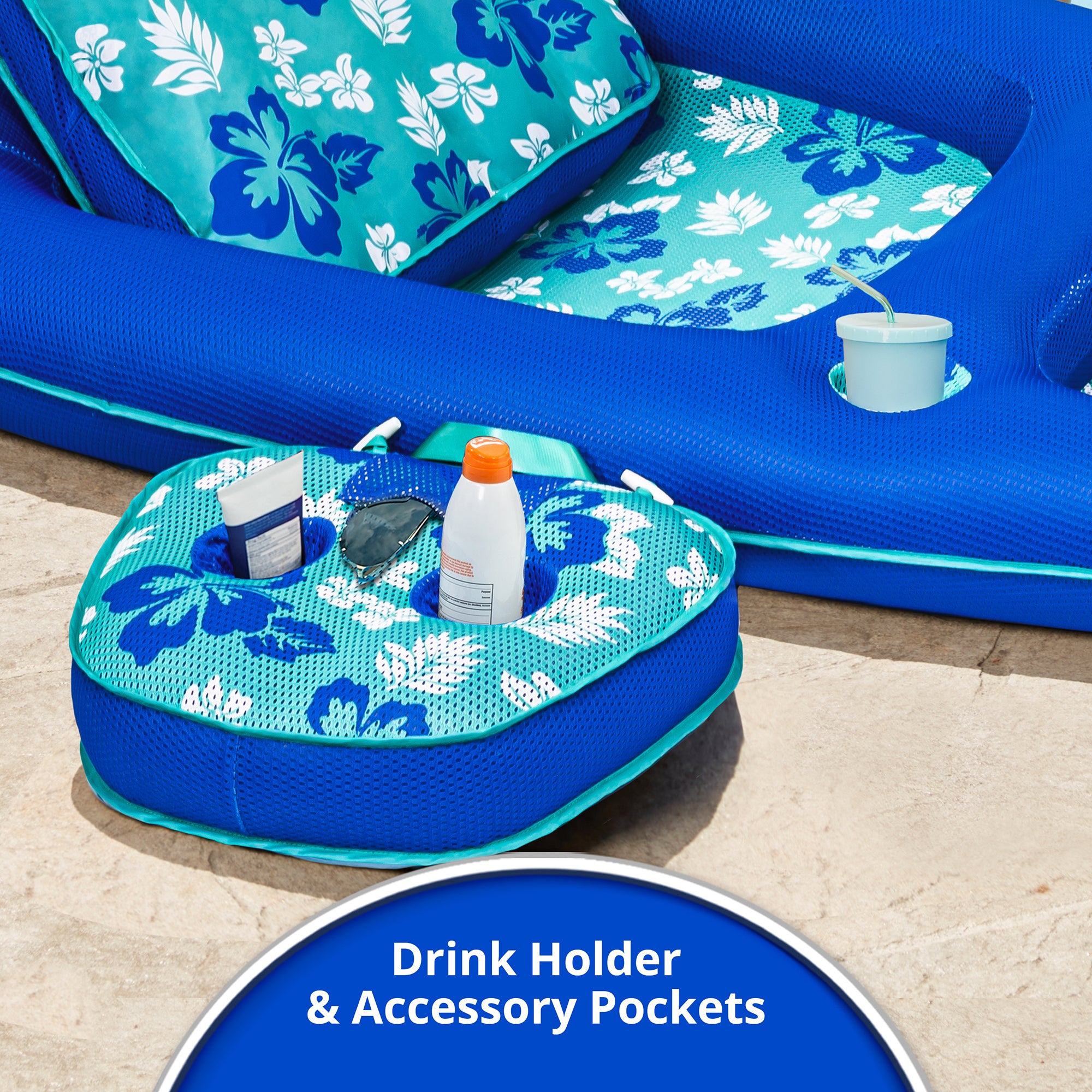 Aqua Leisure Campania 2 in 1 Pool Float Lounger w/ Caddy, Teal Hibiscus (4 Pack)