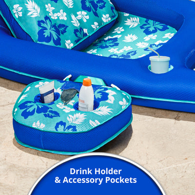 Aqua Leisure Campania 2 in 1 Pool Float Lounger w/ Caddy, Teal Hibiscus (4 Pack)
