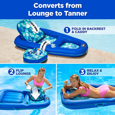 Aqua Leisure Campania 2 in 1 Pool Float Lounger w/ Caddy, Teal Hibiscus (4 Pack)