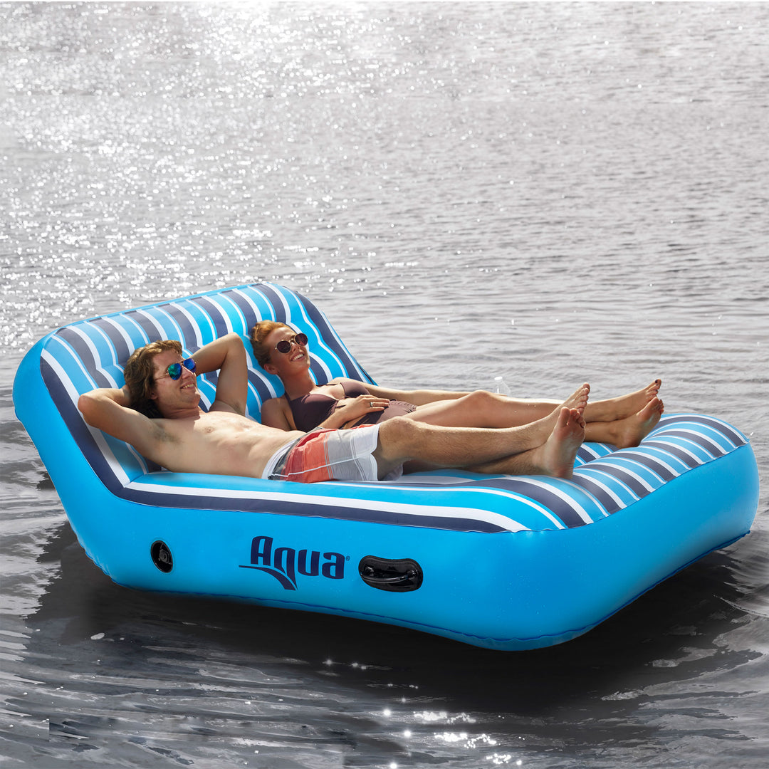 Aqua Lounge 1 Person Swimming Pool Float & 2 Person Pool Float Lounger Set, Blue