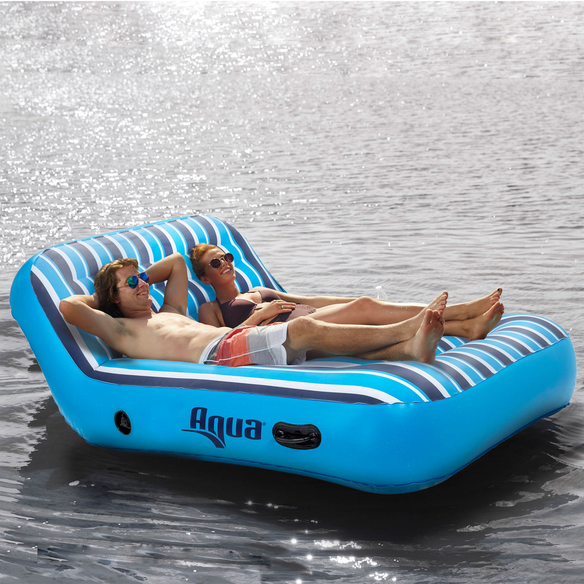 Aqua Lounge 1 Person Pool Float & 2 Person Pool Float Lounger w/ Hand Pump, Blue - VMInnovations