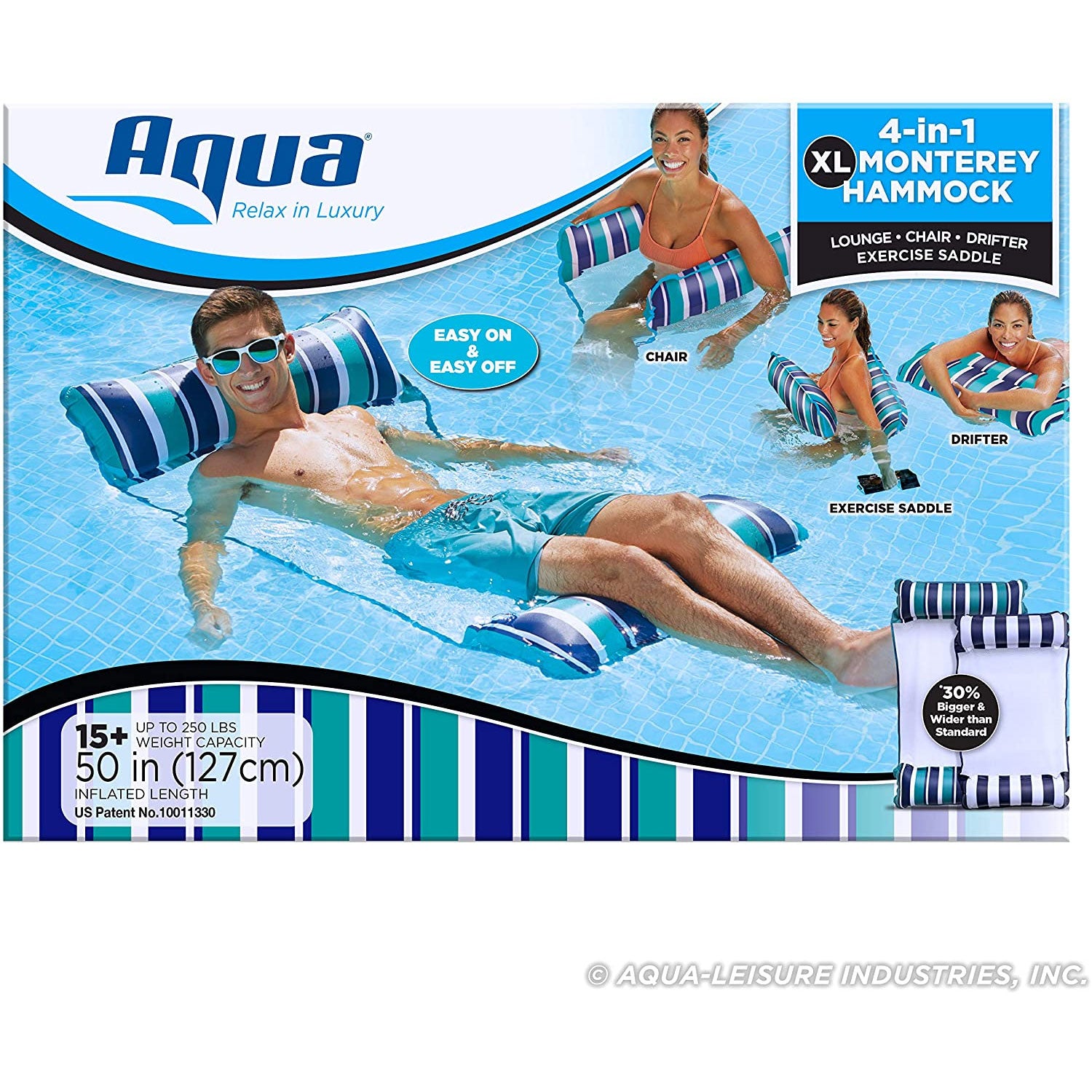 Aqua Leisure Monterey XL Hammock 4 in 1 Inflatable Pool Float, Teal/Blue Stripe - VMInnovations