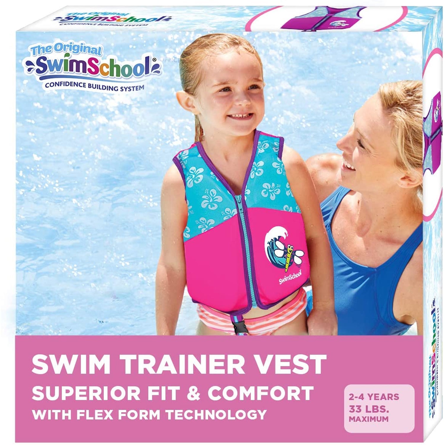 SwimSchool Flex Form Swim Trainer Vest for Ages 2 to 4, Up to 33 Pounds, Pink