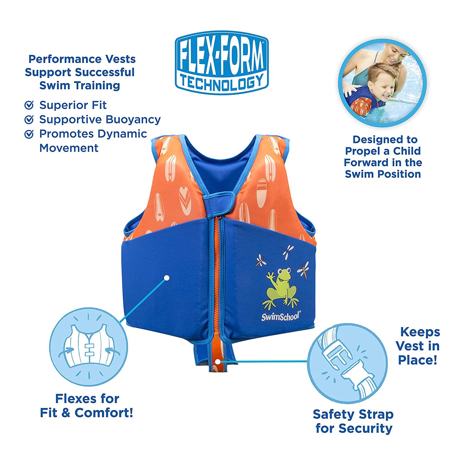 SwimSchool Medium/Large UPF Flex Foam Flotation Swim Trainer Vest, Blue/Orange - VMInnovations