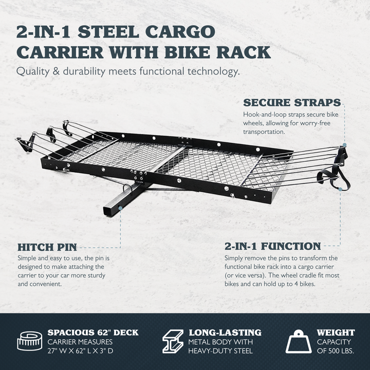 Tow Tuff 62 Inch Steel Cargo Carrier and Bike Rack, Fits All 2 Inch Receivers