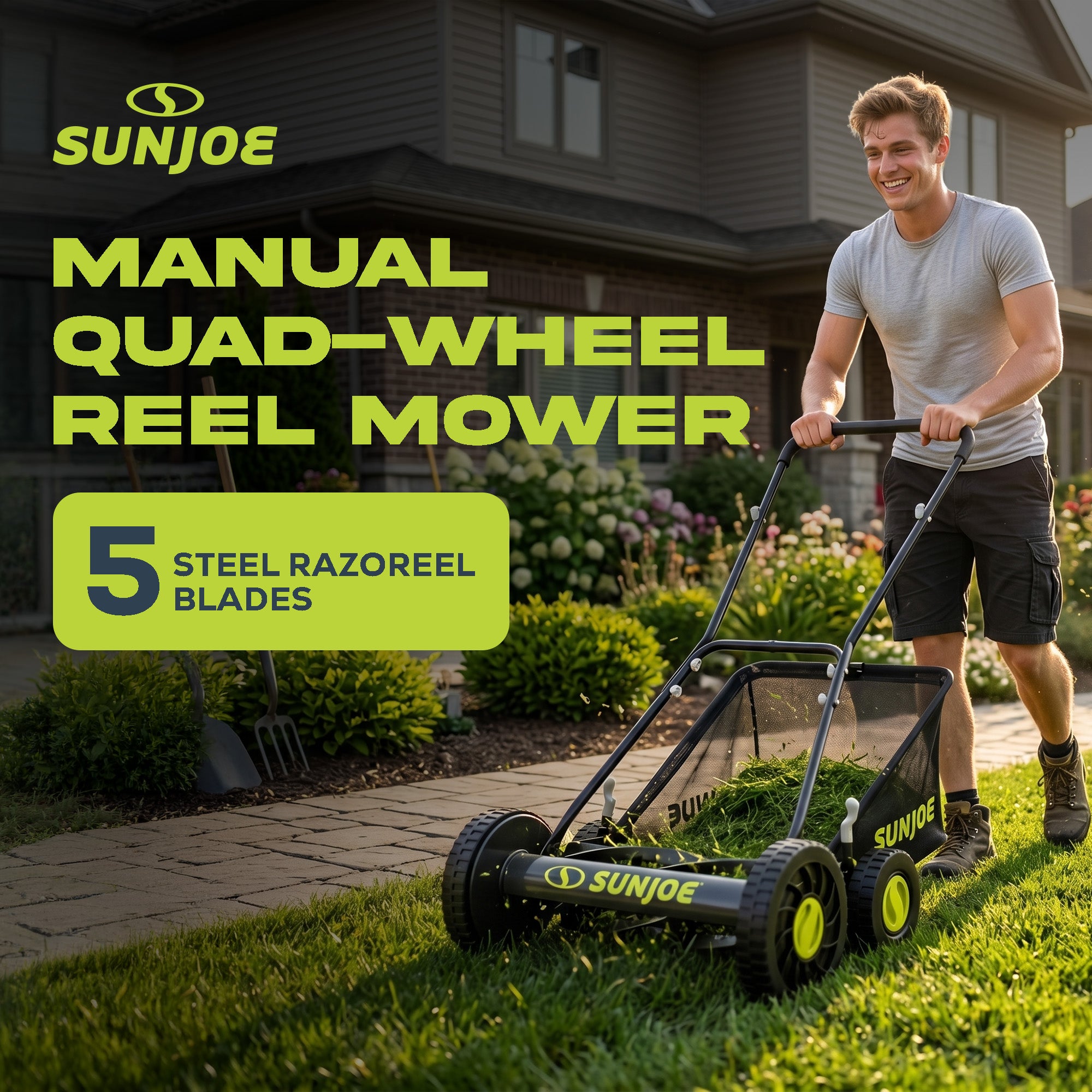 Sun Joe Manual Reel 18" Push Behind Lawn Mower w/ Grass Catcher, Green (Used) - VMInnovations