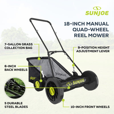 Sun Joe Manual Reel 18" Push Behind Lawn Mower w/ Grass Catcher, Green (Used) - VMInnovations