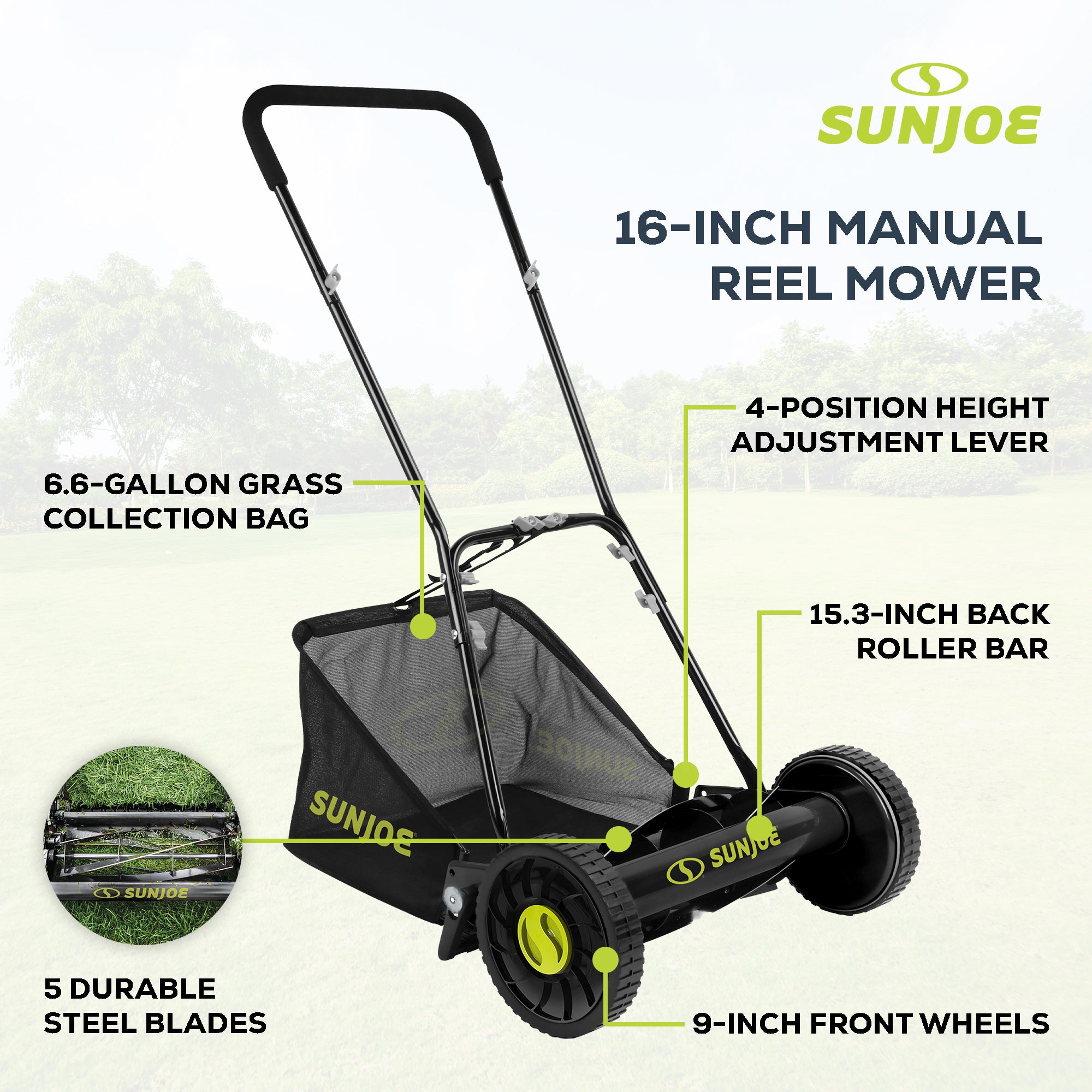 Sun Joe 16" Manual Reel Mower with Grass Catcher and Adjustable Height (Used)
