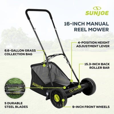 Sun Joe 16" Manual Reel Mower with Grass Catcher and Adjustable Height (Used)