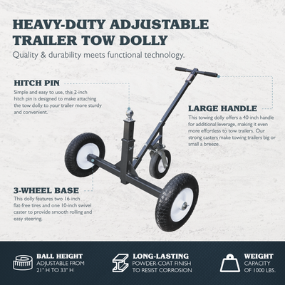 Tow Tuff TMD-1000C Adjustable Steel 1000 lb Heavy Duty Trailer Dolly w/ Caster
