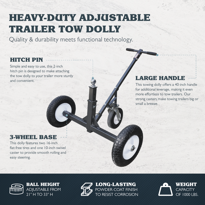 Tow Tuff TMD-1000C2 Adjustable Steel 1000 lb Heavy Duty Trailer Dolly w/ Caster