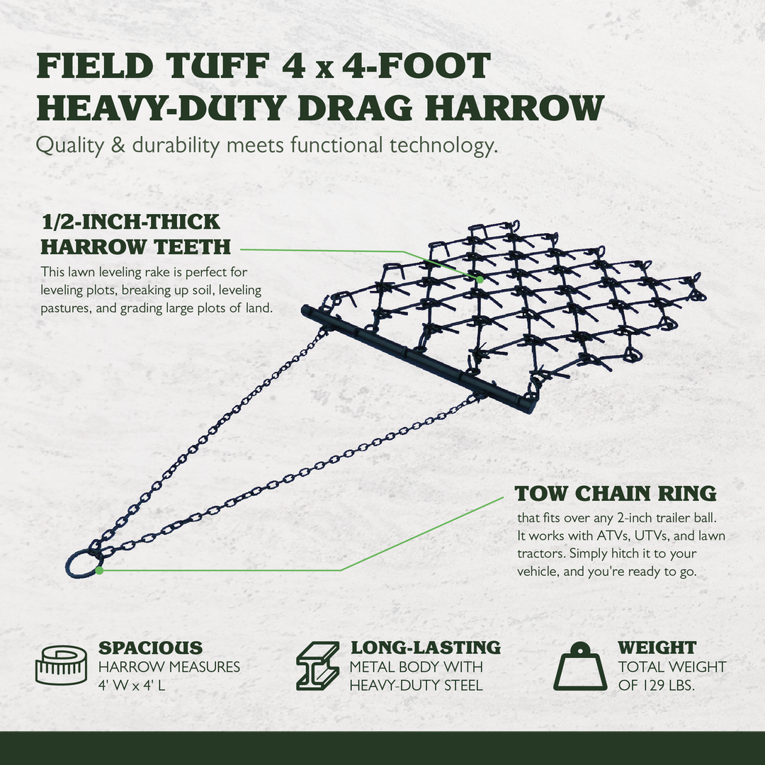 Field Tuff 4x4 Foot Steel Durable Chain Rake Field Leveling ATV Drag Harrow