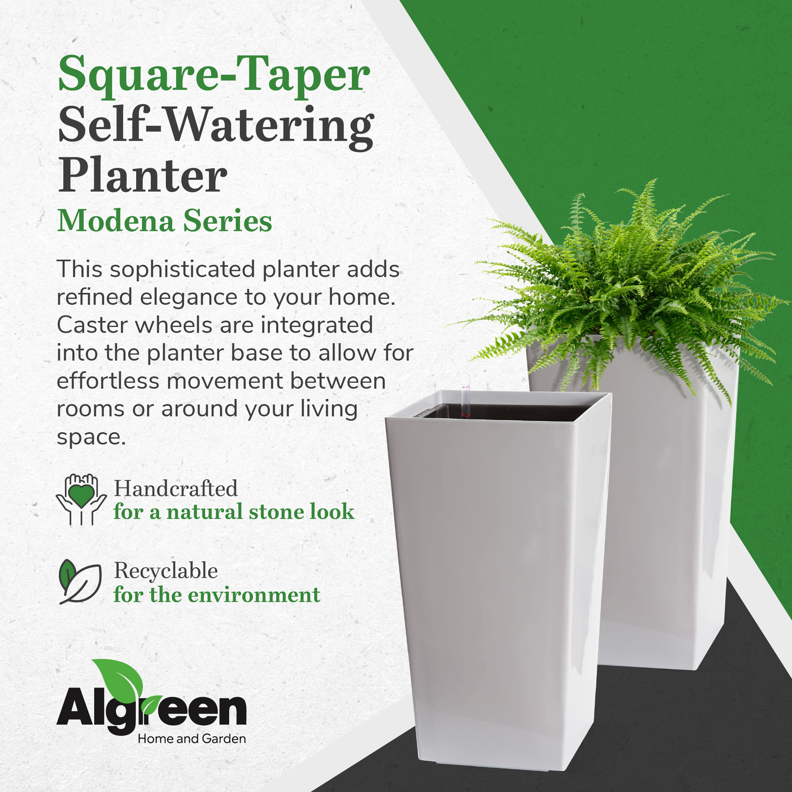 Algreen Modena Square Self-Watering Planter With Water Level Guide, Glossy White - VMInnovations