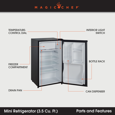 Magic Chef 3.5 Cubic Feet Compact Mini Refrigerator & Freezer, Silver(For Parts)