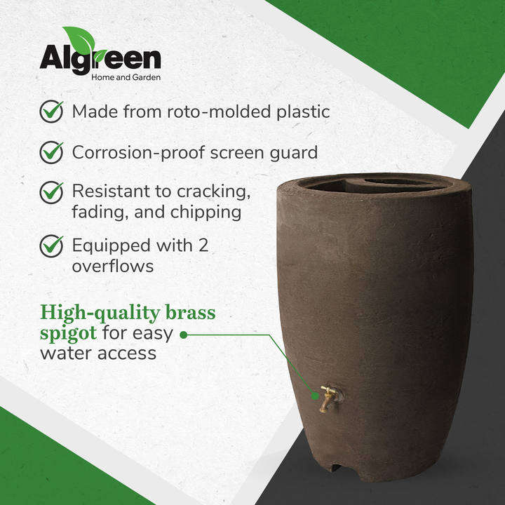 Algreen Athena 50 Gallon Water Collection Drum Barrel, Brownstone (Open Box) - VMInnovations