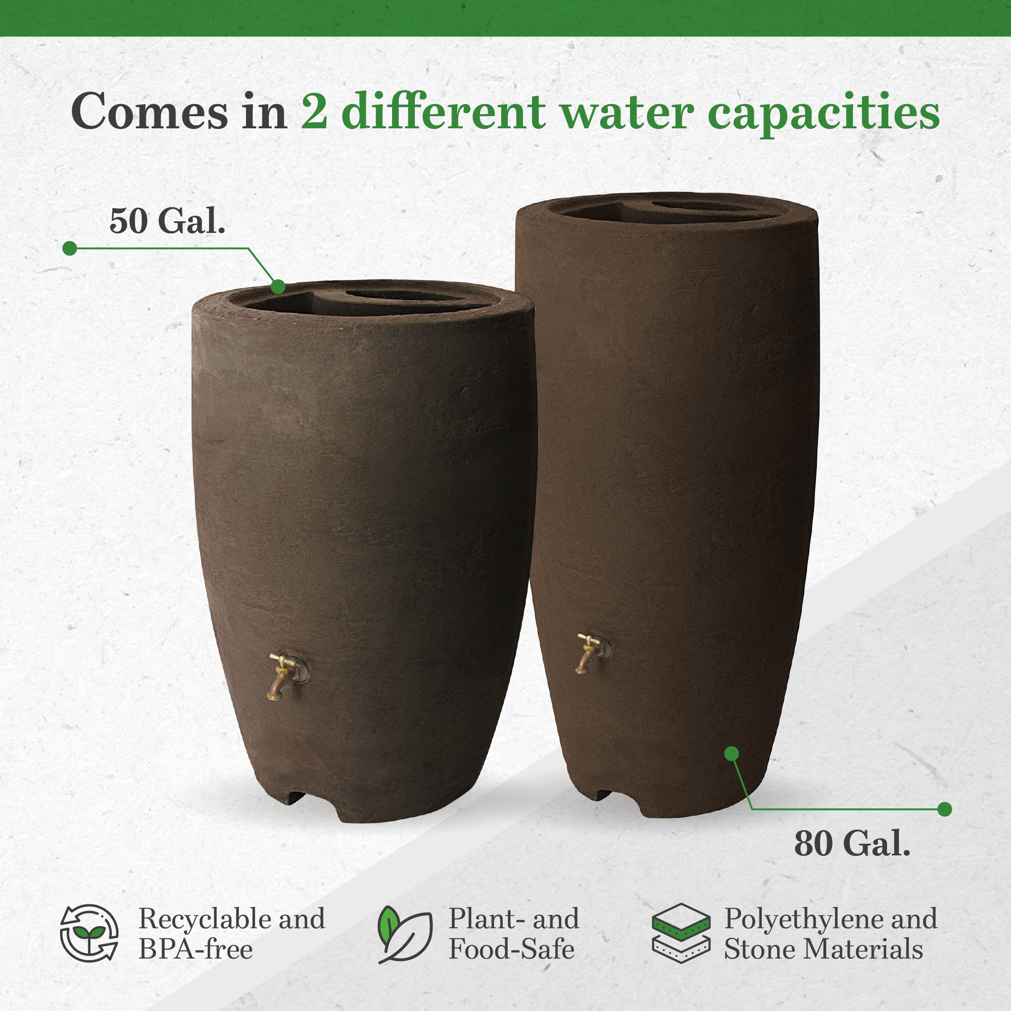 Algreen Plastic Rain Barrel, 50 Gal Rainwater Drum w/ Spigot, Athena, Brownstone