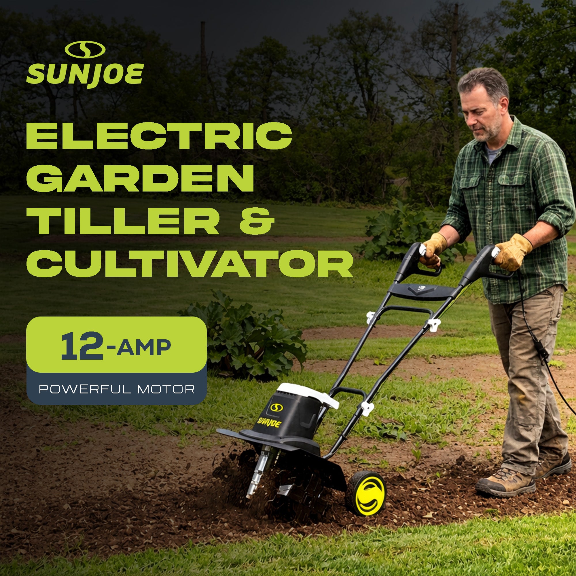 Sun Joe Electric Garden Tiller Cultivator, Steel Tines, 12 Amp, 16", TJ603E