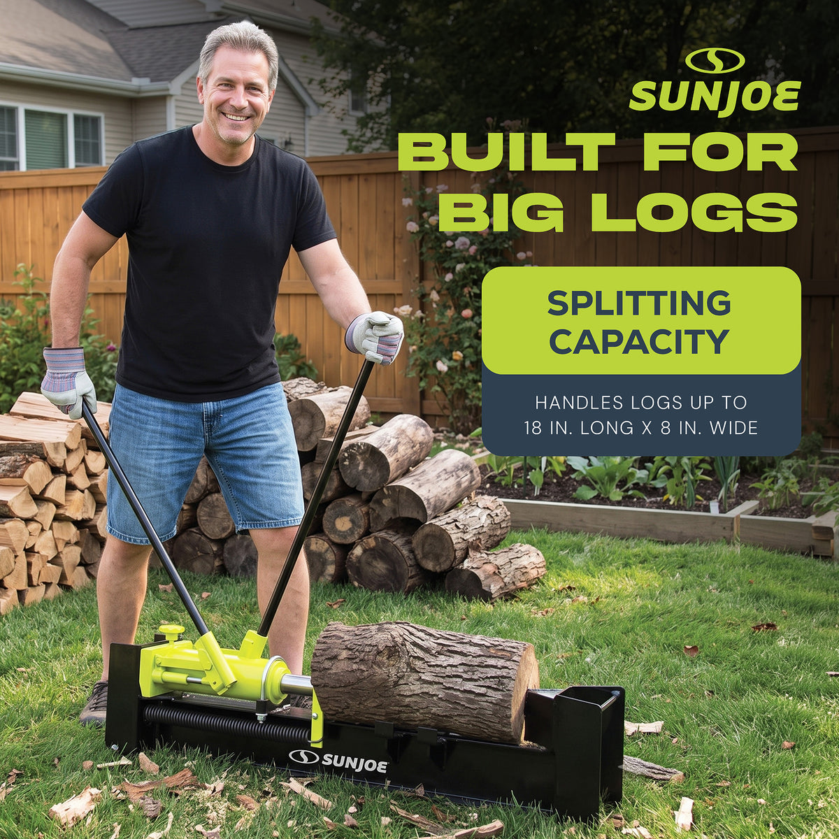 Sun Joe Hydraulic Steel Beam Log Splitter, 10 Ton Capacity, Green (Open Box)