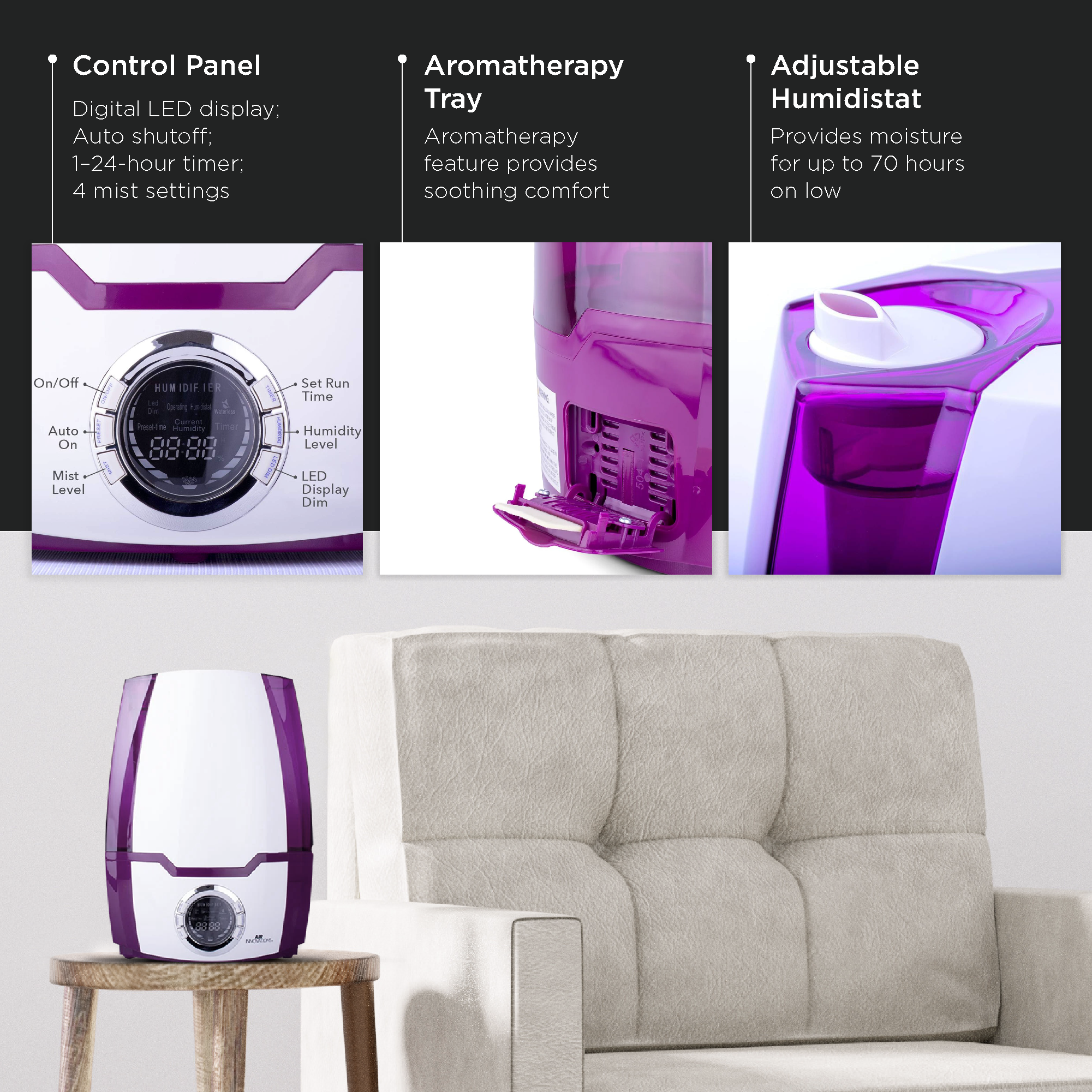 Air Innovations Cool Mist Ultrasonic Humidifier, Purple (Open Box) - VMInnovations